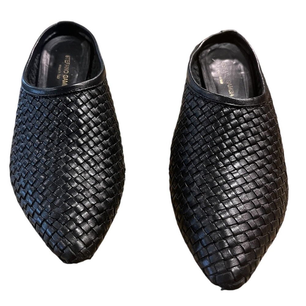 Stefani Gambo Woven Leather Pointed Slip-On Mules in Black
